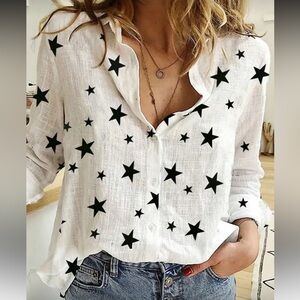 Plus Size Classic Star Print White Button-Up Shirt Top Blouse
